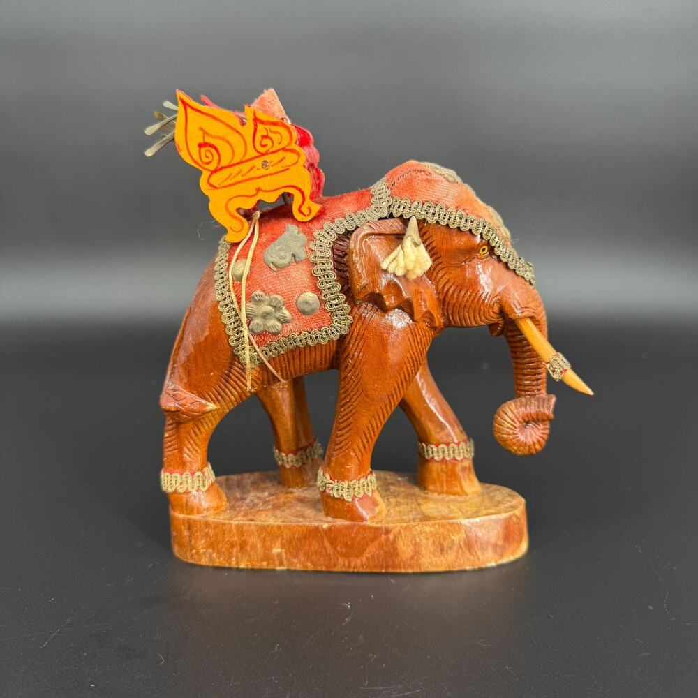 Vintage Handcrafted Wood Ceremonial Elephant Statue Red Fabric Trim